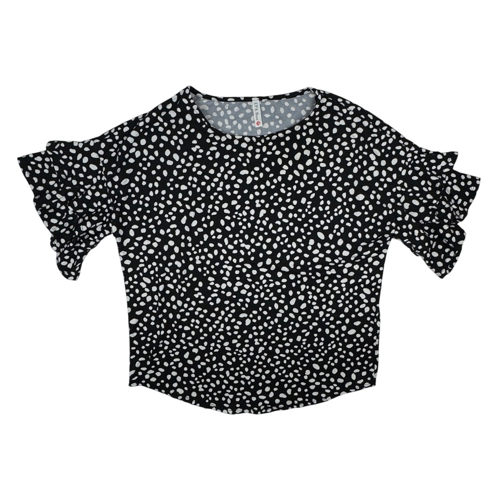 P & Rose Womens Small Black White Abstract Polka Dot Ruffle Short Sleeve Top